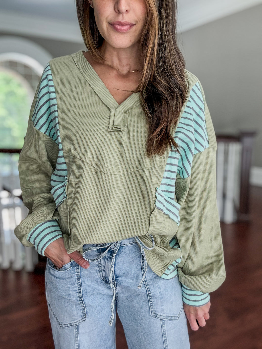 Waffle Striped Patchwork Top