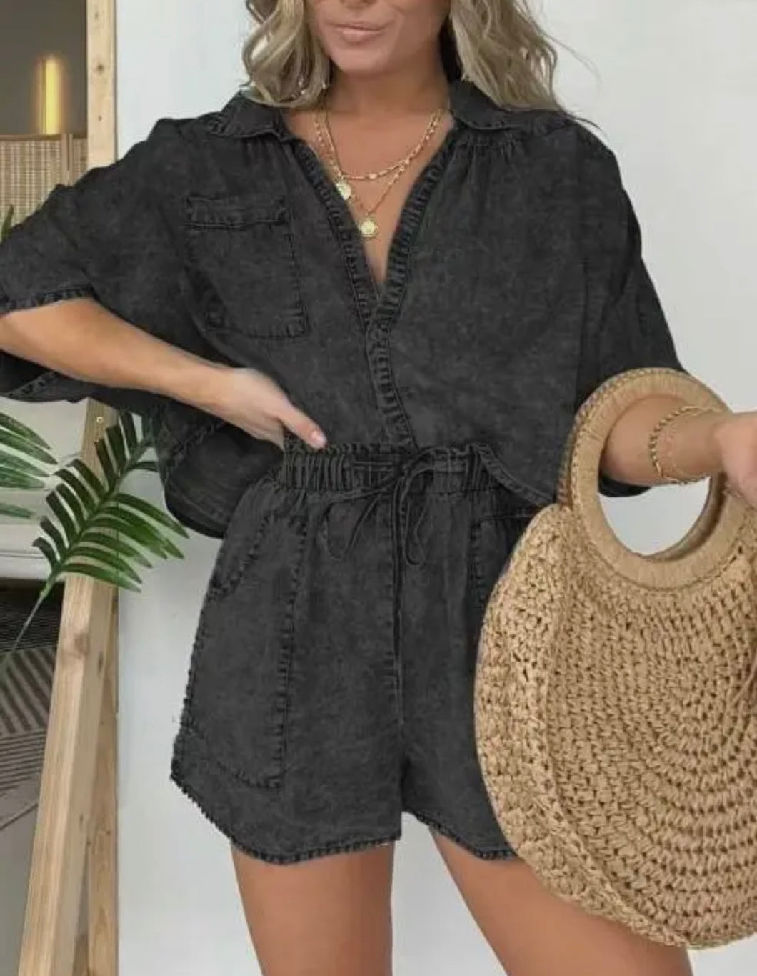 Washed Denim Shirt and Short Set