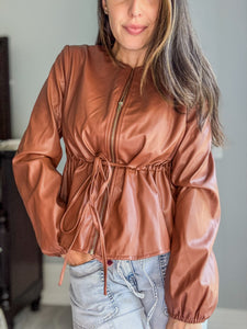 Drawstring Waist Leather Jacket